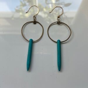 Brass Hoop Earrings with Turquoise Dangle - Women Jewelry